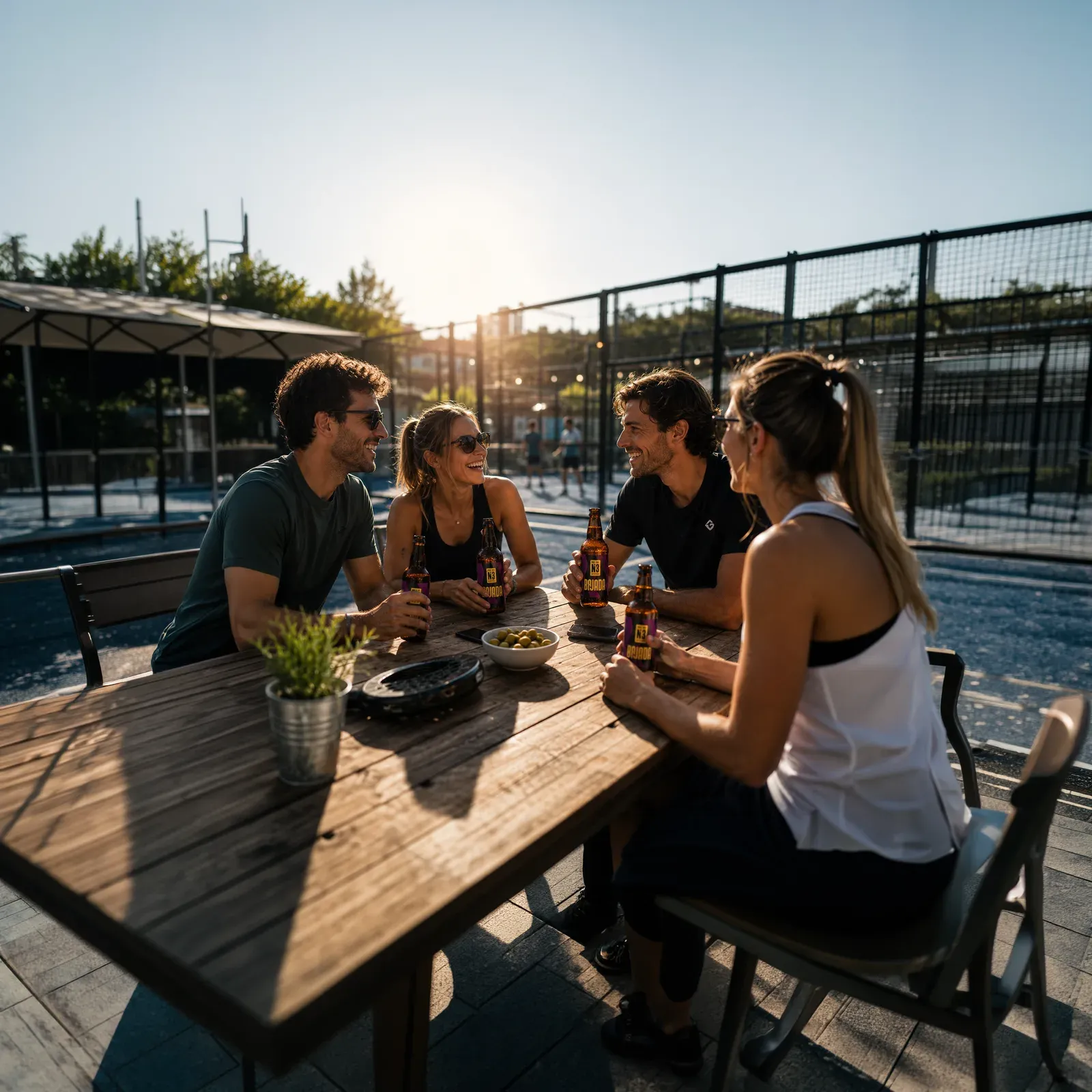 Quatre amis partageant une Bajada au bord d'un court de padel